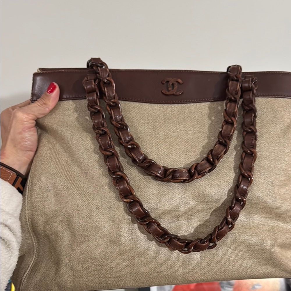 Chanel Brown and Tan Tote Bag with Resin Chain Straps